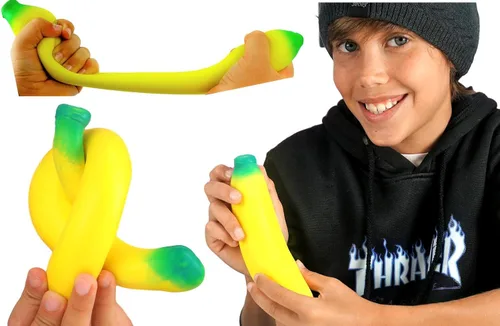 Vista 5 de JA-RU Juguete elástico de plátano (paquete de 4) – Juguete antiestrés de plátano esponjoso relleno de arena para niños, frutas esponjosas, juguete