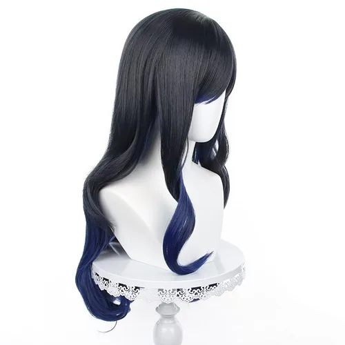 Vista 4 de Pelucas largas de cabello negro y azul mezclado con flequillo para fiesta de Navidad de Halloween para mujeres