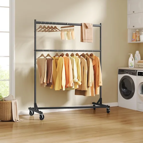 Vista 3 de Hoctieon Estante de doble barra Z, estantes de ropa rodantes con base en Z, perchero ajustable para ropa, perchero de pie para ropa de pie, perchero