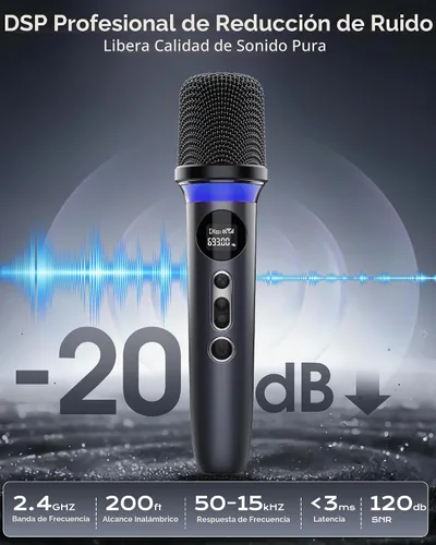 Vista 4 de Micrófono inalámbrico, silencio de un solo toque e iluminación RGB dinámica, micrófono dinámico de mano dual de grado profesional, alcance ultra