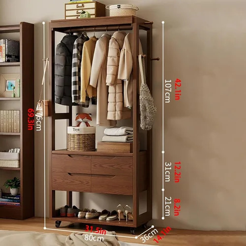 Vista 2 de Perchero de madera maciza, perchero móvil de 360°, perchero de gran capacidad con 4 cajones y un zapatero, perchero para entrada, dormitorio