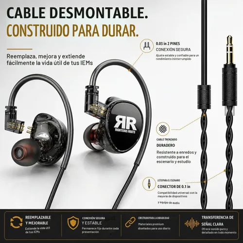Vista 3 de Righteous Roots RR-EV1 - Monitores intrauditivos profesionales de doble controlador (IEM) con estuche de transporte, auriculares de escenario