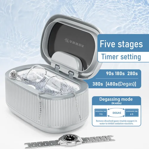 Vista 7 de Limpiador ultrasónico de joyas 45KHz – 550ml Limpiador sónico digital con 5 temporizadores, 3 niveles de potencia, luz LED, Degas – Máquina