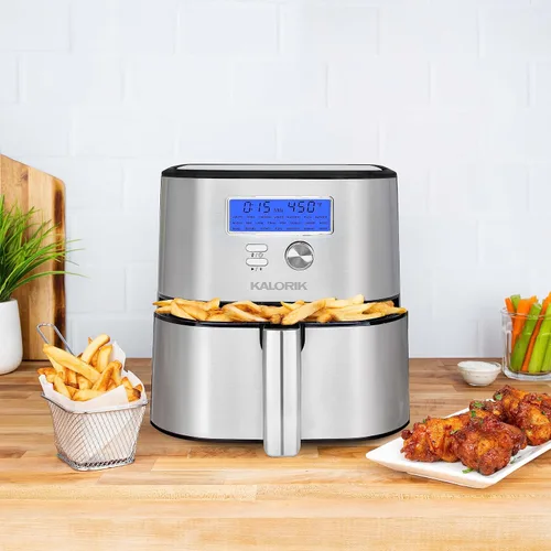 Vista 4 de Kalorik MAXX® Plus - Freidora de aire digital 7 en 1 sin aceite, pantalla LCD, 22 presets inteligentes, 5 accesorios y libro de recetas, 1750 W