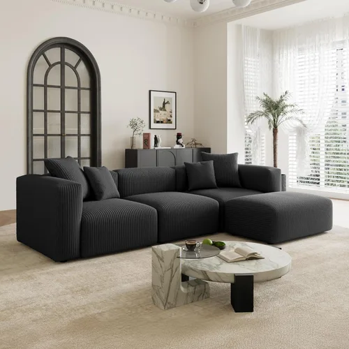 Vista 7 de Acanva - Sofá modular convertible con otomana, en forma de U, color negro Sofá de pana, marco de madera, combinación libre, sofá cama, para sala
