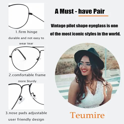 Vista 6 de Teumire Gafas de aviador clásicas para hombres y mujeres, lentes transparentes sin receta con marco de metal
