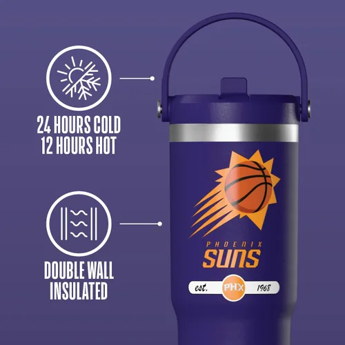 Vista 3 de Hydrapeak x NBA Vaso Nomad con Licencia Oficial de Phoenix Suns de 32 oz con Asa y Tapa con Popote, Botella de Agua de Acero Inoxidable a Prueba