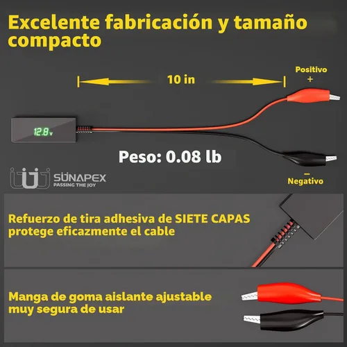 Vista 5 de SUNAPEX Probador de voltaje de batería digital 5V-60V con LCD y clips