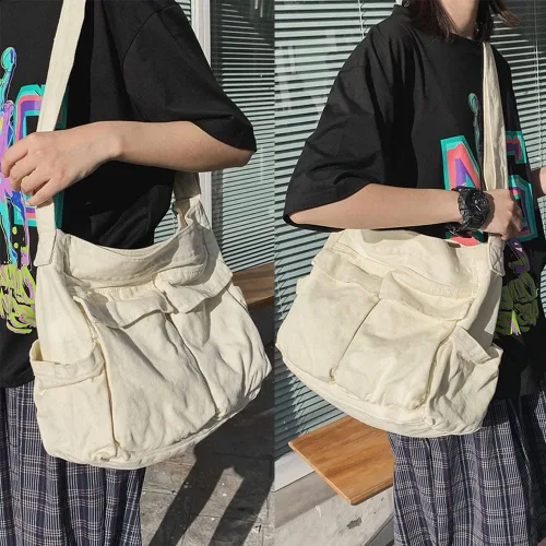 Vista 6 de JQWSVE Bolso bandolera de lona grande con múltiples bolsillos, bolsa de hombro de lona para mujeres y hombres
