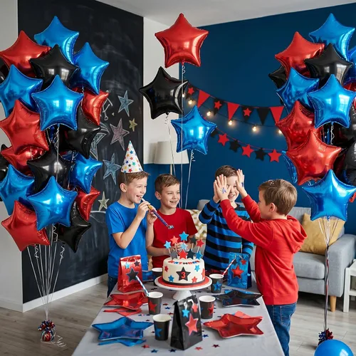 Vista 4 de Globos de estrellas rojas, azules y negras, globo de papel de aluminio de 18 pulgadas para helio, paquete de 10 globos rojos y azules, globo de Negro