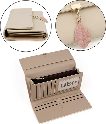Vista 10 de UTO - Cartera pequeña RFID de piel sintética con dije de hoja, cierre de cremallera y tarjetero.