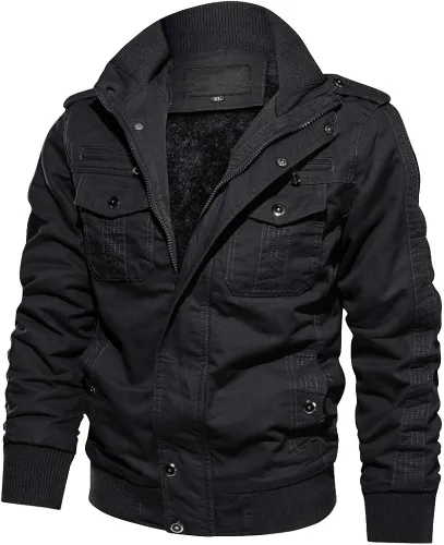 Vista 2 de CRYSULLY - Chaqueta de invierno de forro polar para hombre, estilo informal, con varios bolsillos, abrigo de campo