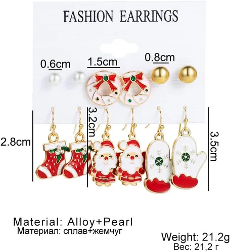 Vista 3 de 6 pares de aretes de Navidad para mujeres y niñas, lindos y divertidos aretes de Navidad con lazo, campana, caramelo, reno, copo de nieve, árbol