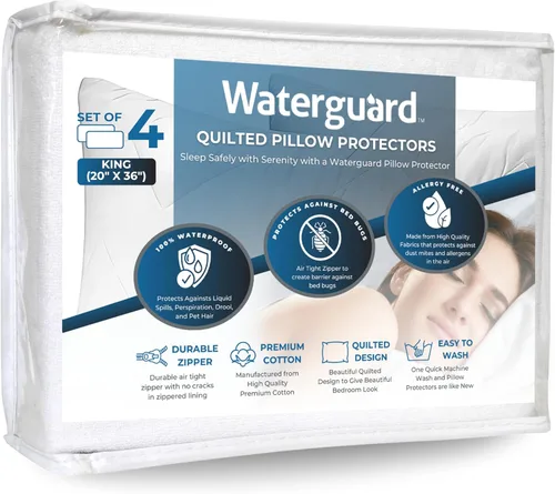 Vista 10 de Waterguard Protector de almohada acolchado, resistente al agua y a prueba de chinches de tamaño estándar con cremallera, fundas de almohada