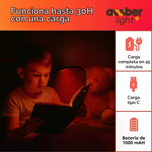 Vista 6 de Luz de lectura ámbar + luz roja. Luz de libro con bloqueo de luz azul para regalar para leer en la cama