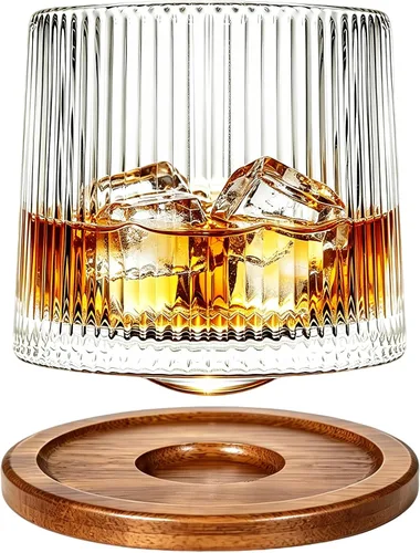 Vista 10 de Vaso de vidrio antiguo giratorio, 275ml/10oz Juego de vasos de whisky de cristal de 2 piezas, posavasos de madera, engrosamiento, utilizado como