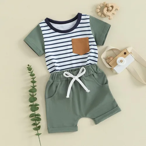 Vista 2 de Sejardin Ropa de verano para bebé niño, camiseta de manga corta con retazos a cuadros, camiseta y pantalones cortos elásticos para niño