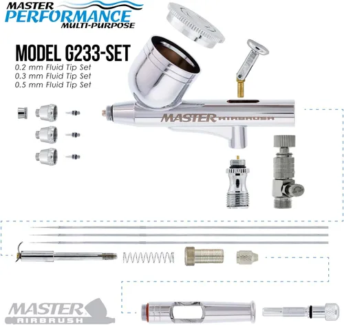 Vista 3 de Master Airbrush G233-SET Multi-Master Performance G233 Pro Set de aerógrafo de doble acción con alimentación por gravedad con 3 boquillas