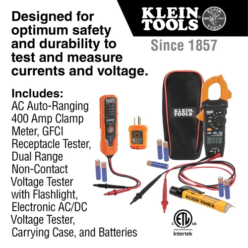 Vista 2 de Klein Tools CL120VP Kit de prueba de voltaje eléctrico con medidor de abrazadera, tres probadores, cables de prueba, bolsa