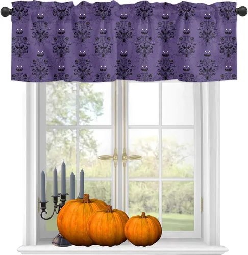 Vista 6 de [Usado] Cortinas de cocina de Halloween para ventanas, cenefas moradas de fantasma, mansión encantada para cafetería, baño, sala de estar, 1 panel