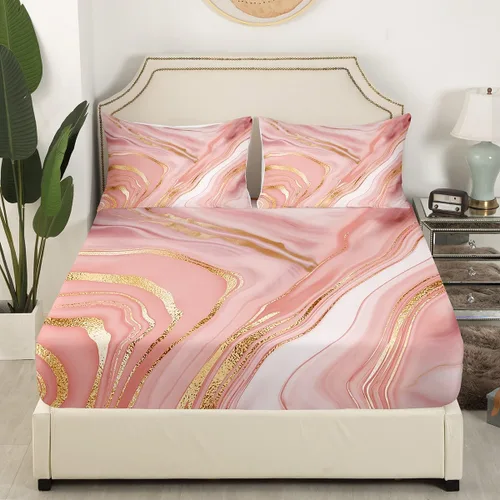 Vista 3 de Erosebridal Juego de sábanas de mármol rosa dorado para niños y niñas, juego de sábanas de mármol metálico, sábanas con textura de mármol degradado