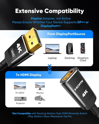 Vista 7 de Highwings Adaptador DisplayPort a HDMI de 4K, Cable Convertidor Adaptador DP a HDMI Unidireccional Macho a Hembra, Adaptador HDMI Compatible