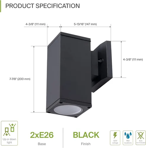 Vista 2 de ASD Lámpara de pared cuadrada para exteriores de 1 luz, enchufe de bombilla E26 de 60 W, 120 V, ETL, cilindro hacia arriba, luces LED
