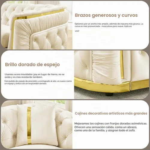 Vista 4 de Sofá Chesterfield de 62.6 pulgadas, moderno de mediados de siglo, sofá de terciopelo blanco beige y dorado, sofás de lujo para sala de estar