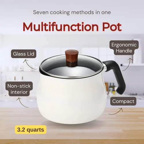 Vista 4 de Olla instantánea pequeña "ToMay dolce" elegante blanco de 6.3 pulgadas (6.3 in) 3.2 cuartos de galón para 1-2 tazas mini lindo arroz y ramen olla