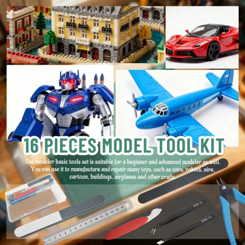 Vista 7 de Bigstone Kit de herramientas de modelado básico de 16 piezas, herramientas de construcción para automóviles, aviones, edificios, robots, modelos