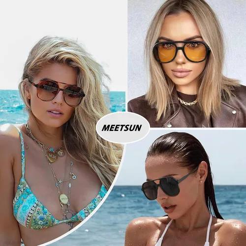 Vista 2 de MEETSUN Lentes de sol estilo aviador retro de gran tamaño para mujeres y hombres, cuadrados, de los años 70, estilo vintage