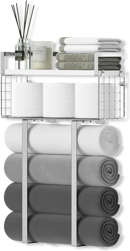 Vista 16 de Xstydes Toalleros para baño, toallero de metal con cesta de almacenamiento, toallero de pared para toallas enrolladas, almacenamiento de toallas