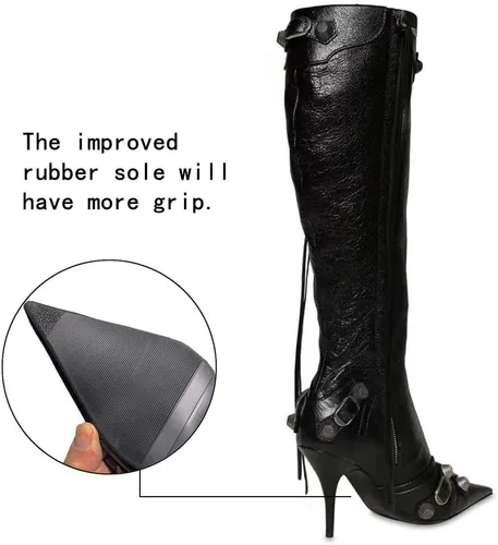 Vista 4 de Kluolandi Botas de tacón alto hasta la rodilla para mujer con borla puntiaguda y tachuelas con cremallera, zapatos de vestir