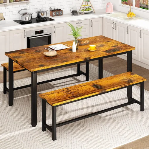 Vista 11 de DKLGG Juego de mesa de comedor para 4, mesa de cocina de 47.2 pulgadas con 2 bancos, juego de mesa de comedor de granja de 3 piezas, comedor que