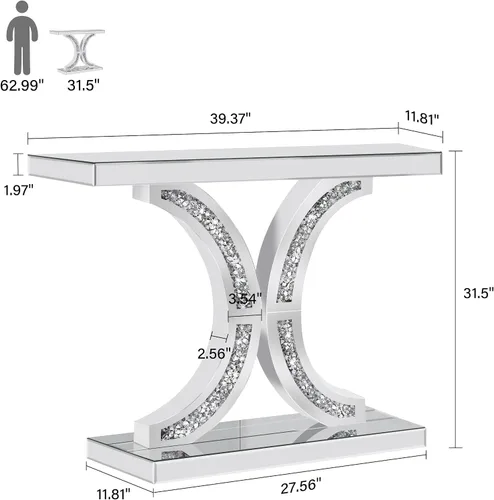 Vista 2 de Mesa consola negra con incrustaciones de diamante triturado, mesa de sofá de entrada de vidrio de 39.4 pulgadas de largo, base en forma de C, mesa