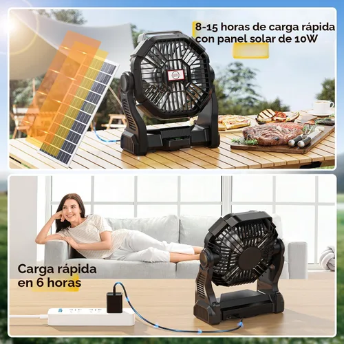 Vista 2 de Ventilador Solar de 20000mAh con Farol LED, Panel Solar Recargable de 10W, Ventilador de Camping Alimentado por Batería para Exteriores, de 9