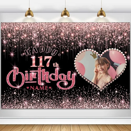 Vista 113 de Cartel personalizable de decoración de feliz cumpleaños número 100 de oro rosa - Personalización de fondo de fotos de gran tamaño - Admite fotos