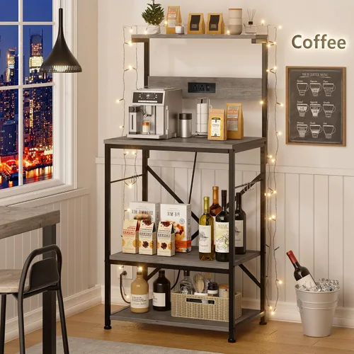 Vista 5 de JAMFLY Estante para hornear de cocina con toma de corriente, soporte para microondas con 6 ganchos en forma de S, barra de café de 4 niveles