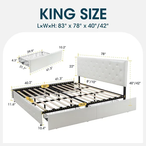 Vista 30 de WEEWAY Base de cama de plataforma tamaño King con 4 cajones de almacenamiento, cabecera capitonada con botones de costura de diamante, base de Negro