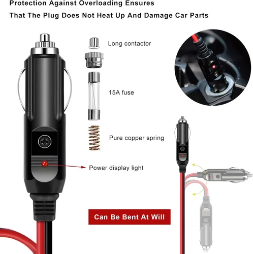 Vista 3 de Enchufe macho para encendedor de cigarrillos fusionado, adaptador de enchufe de encendedor de cigarrillos de 12 V 24 V con cables y luz LED, kit