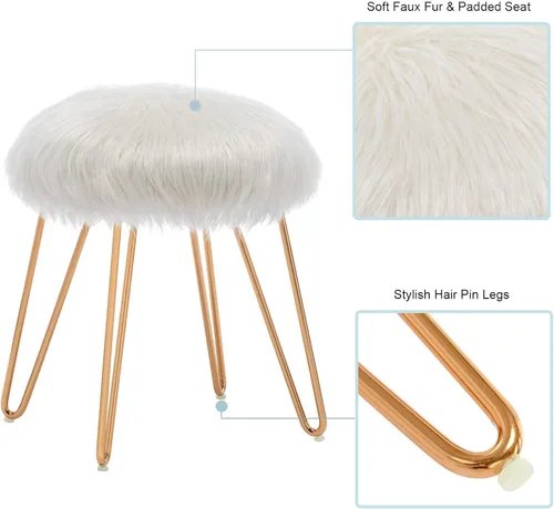 Vista 5 de DUHOME Otomana de piel sintética, taburete de maquillaje redondo con patas de metal dorado para dormitorio, sala de estar, color blanco Soft faux