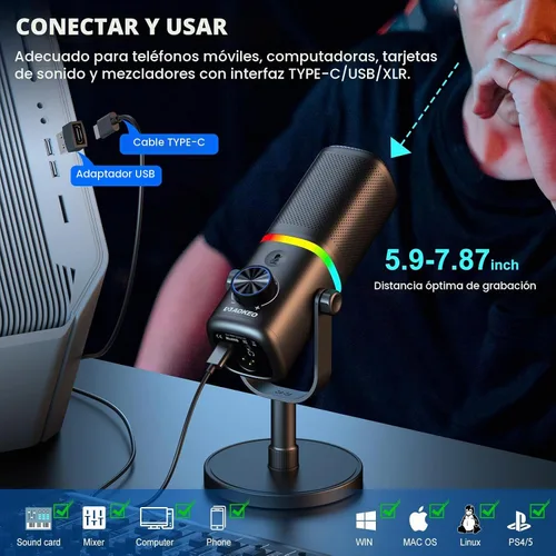 Vista 5 de Aokeo Micrófono para PC, AK-10 USB/XLR Micrófono de escritorio dinámico para juegos, podcast, transmisión con luz RGB, control de volumen, botón