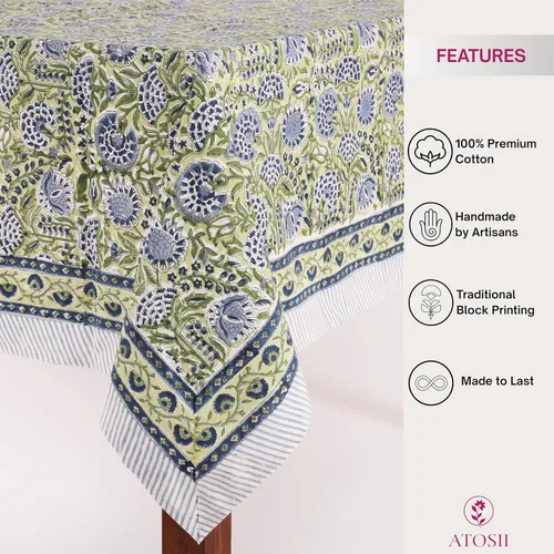 Vista 2 de ATOSII Mantel 100% algodón, Amara, floral, hecho a mano, rectangular, de lino, para cocina, comedor, fiestas, bodas, exteriores, picnics, Pascua