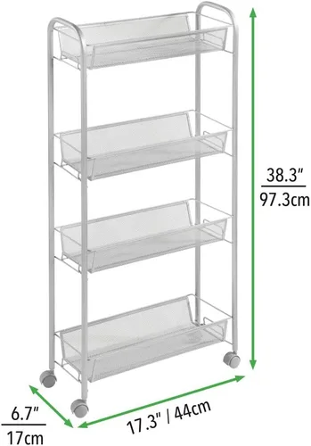 Vista 5 de mDesign Carrito organizador de almacenamiento de metal de acero delgado con 4 estantes para lavandería, cocina, organización de baño, soporte
