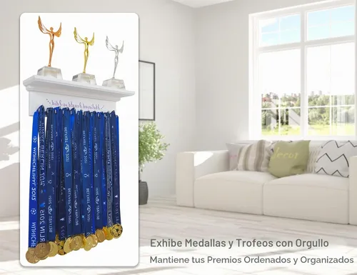 Vista 5 de Premium Trophy Shelf and Medal Hanger Featuring Solid Wooden and Sturdy Ribbon Hooks. Wall Mount Medal Holder Display Gymnastics, Soccer, Running