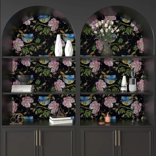 Vista 5 de CHIHUT Papel tapiz bordado de 17.7 x 100 pulgadas, diseño floral de pájaro, color negro, rosa, flores silvestres, azul, Wren, papel tapiz