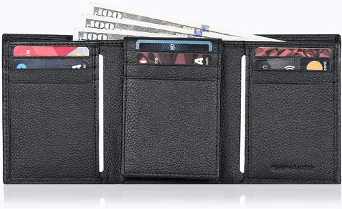 Vista 8 de Billetera de tres pliegues para hombre Cartera de piel auténtica con bloqueo RFID con 9 ranuras para tarjetas