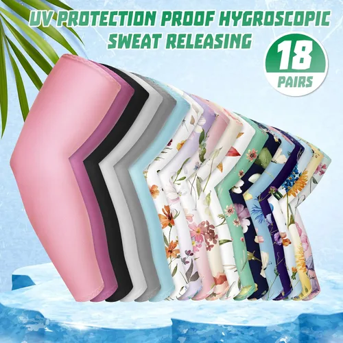 Vista 2 de Jeyiour 18 pares de mangas de jardinería con protección solar UV para mujeres y hombres, patrón de flores, color sólido, enfriamiento, verano
