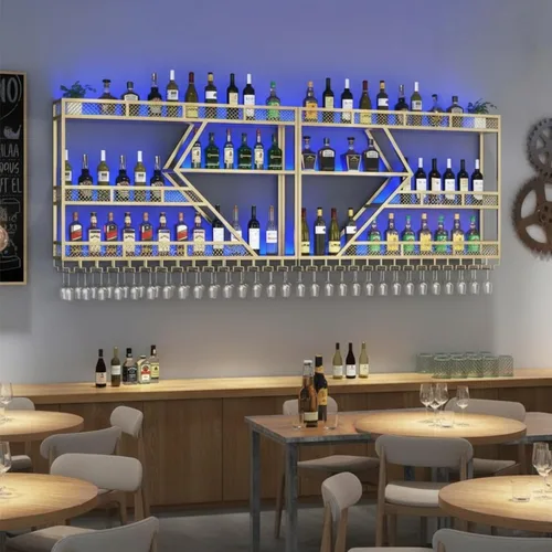 Vista 10 de Estante moderno de 59 pulgadas para vino montado en la pared con luz LED, estantes de barra de pared de metal con soporte para vidrio, estante