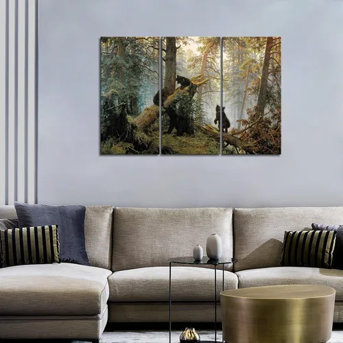 Vista 2 de Osos juegan en el bosque, árbol caído, pintura artística para pared, impreso en lienzo, imágenes de animales para decorar el hogar, regalo